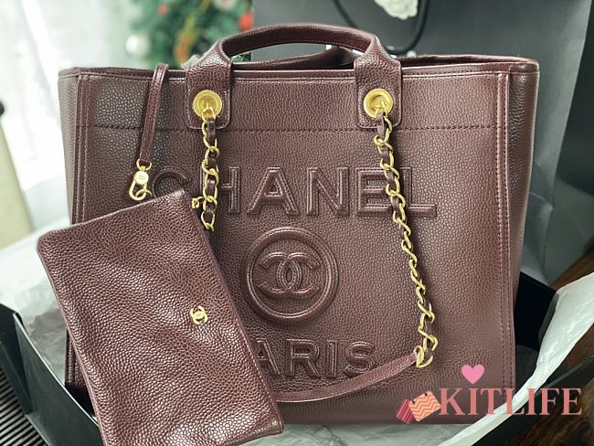 Kitlife Chanel Bordeaux Leather Deauville Studded Logo Tote Bag Burgundy A66941 30×50×22cm  - 1