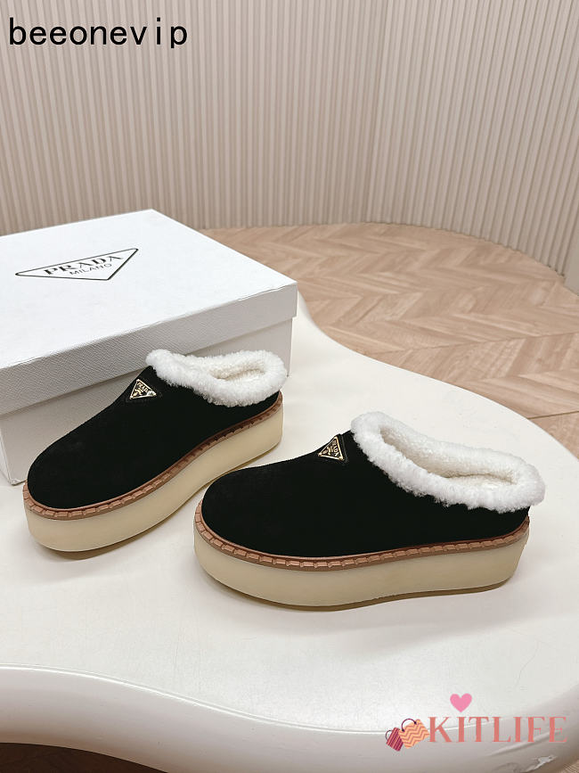 Kitlife Prada Suede Shearling Loafers Black - 1