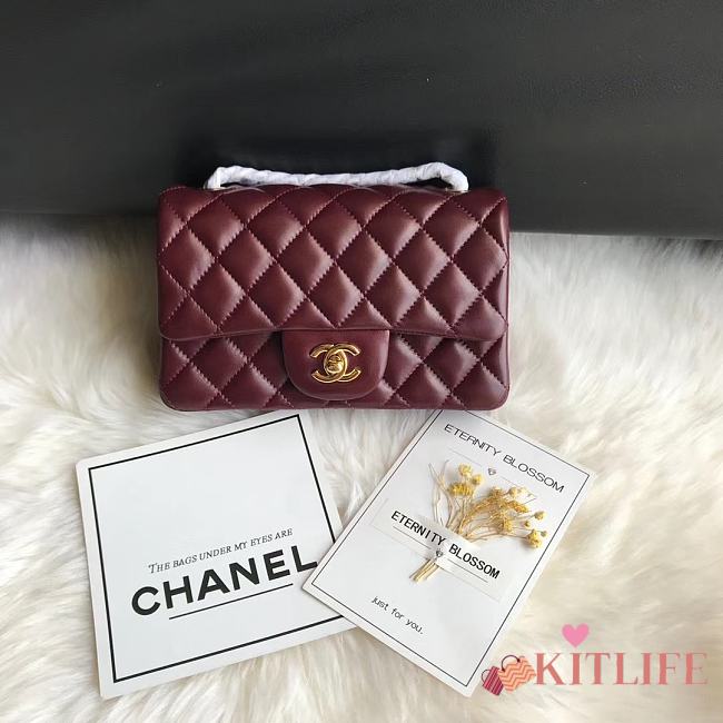 Kitlife Chanel Classic Flap Bag Lambskin Burgundy In Gold Hardware 20x14x7cm  - 1
