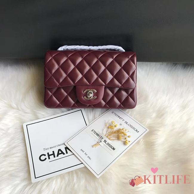 Kitlife Chanel Classic Flap Bag Lambskin Burgundy in Silver Hardware 20x14x7cm  - 1