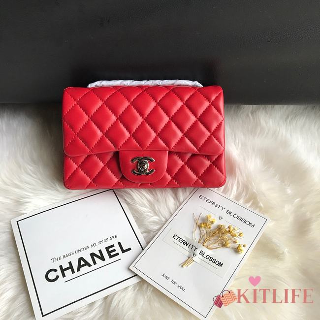 Kitlife Chanel Classic Flap Bag Lambskin Red In Silver Hardware 20x14x7cm  - 1