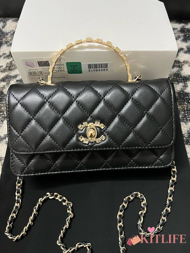 Kitlife Chanel Lambskin Quilted Crystal Top Handle Clutch With Chain Black 19cm - 1