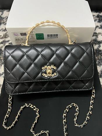 Kitlife Chanel Lambskin Quilted Crystal Top Handle Clutch With Chain Black 19cm