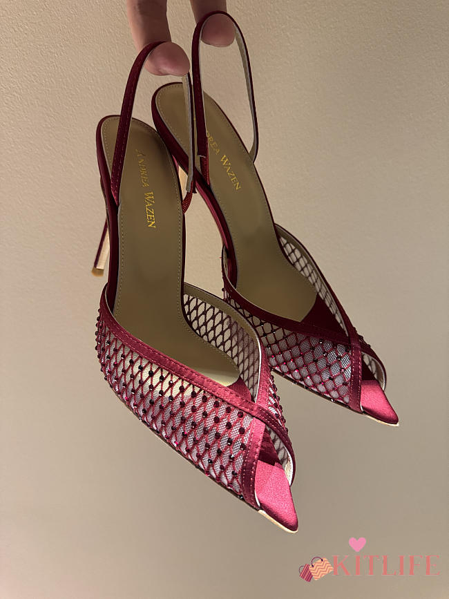 Kitlife Andrea Wazen 25FW Katy Net Sling Pumps Red With Crystal 95mm  - 1