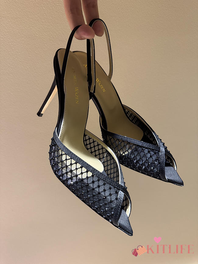Kitlife Andrea Wazen 25FW Katy Net Sling Pumps Black With Crystal 95mm  - 1
