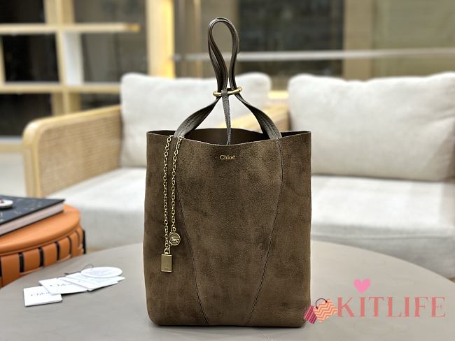 Kitlife Chloe Spin Tote Medium Bag Olive Brown Suede 27x30x14cm  - 1