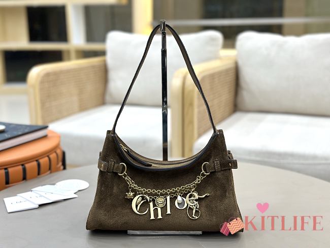 Kitlife Chloe Charms Small Hobo Bag In Olive Brown Suede Leather 28.5x18x10cm  - 1