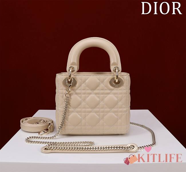 Kitlife Dior Lady Diana Beige Leather Bag M0505 17x15x7cm - 1