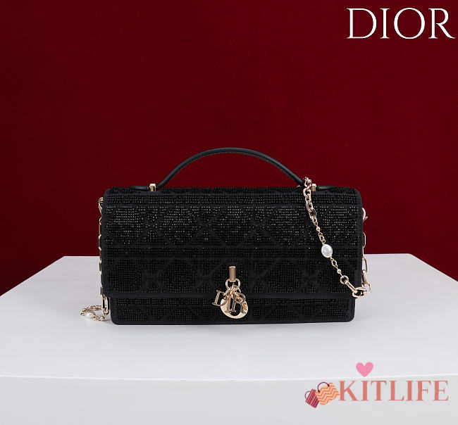 Kitlife Dior Mini Bag Black Microbead-Embroidered Cotton with Cannage Motif  21x11.5x4cm - 1