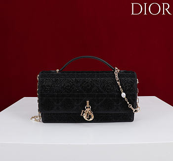 Kitlife Dior Mini Bag Black Microbead-Embroidered Cotton with Cannage Motif  21x11.5x4cm