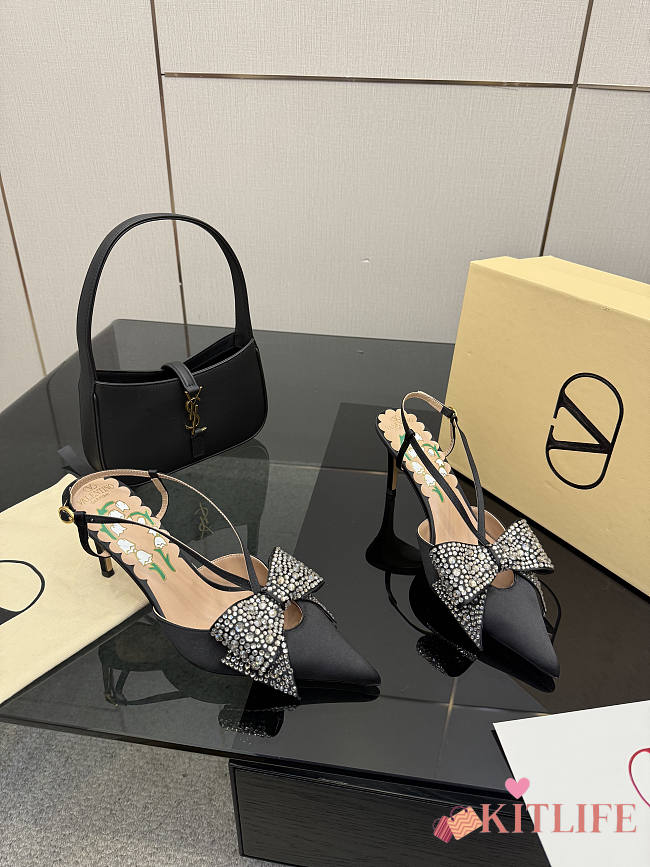 Kitlife Valentino Garavani Bow Embellished Satin Slingback Pumps Black  - 1