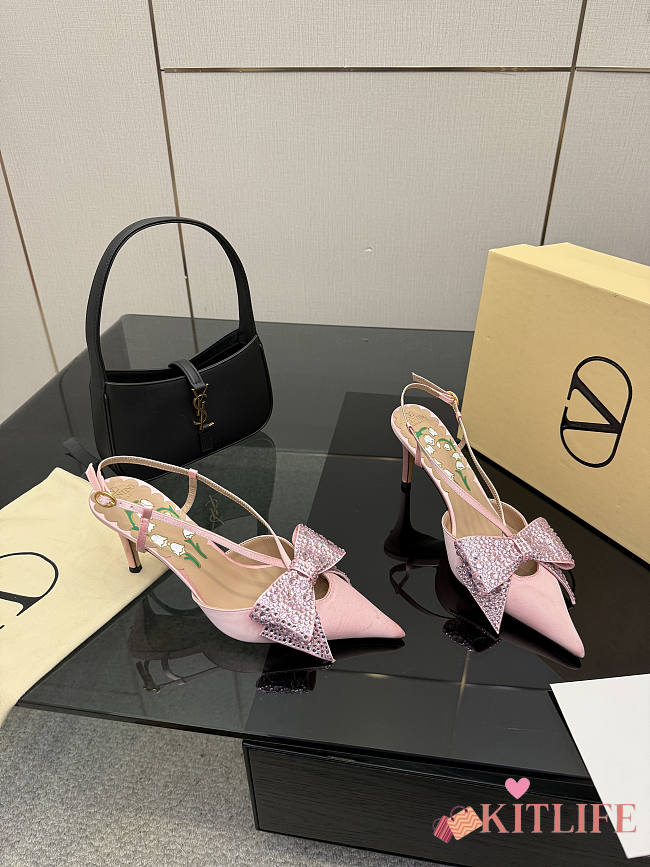 Kitlife Valentino Garavani Bow Embellished Satin Slingback Pumps Pink - 1