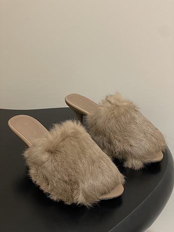 Kitlife Balenciaga Plush Tail Kitten Heel Slippers Beige 65mm