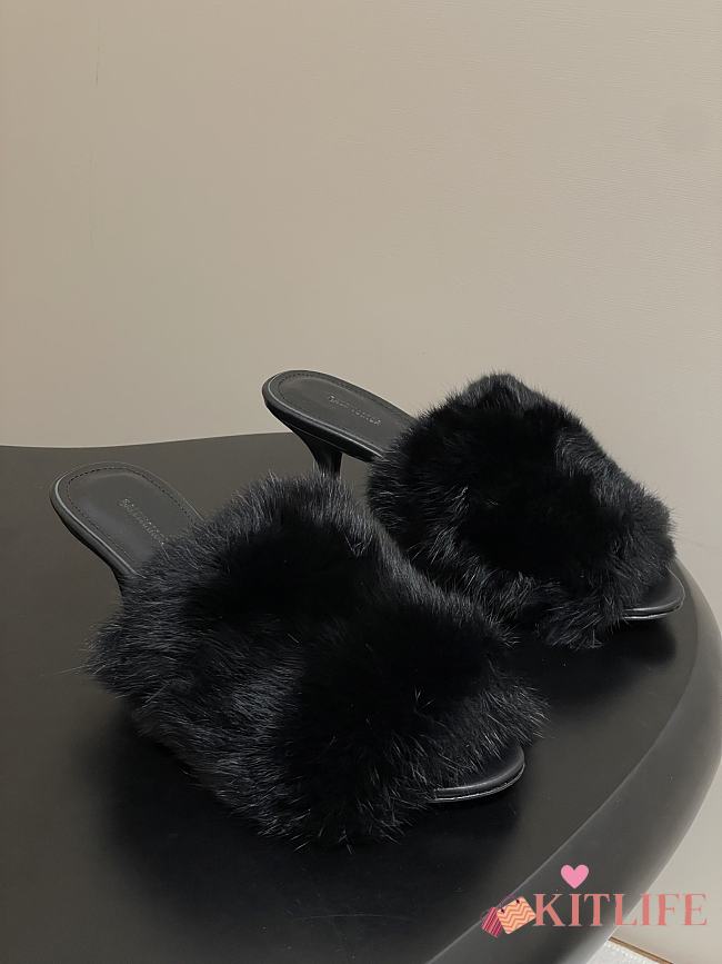 Kitlife Balenciaga Plush Tail Kitten Heel Slippers Black 65mm  - 1