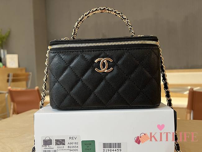Kitlife Chanel Long Vanity With Chain Black Grained Calfskin, Imitation Pearl A96182  9.5x17x8cm - 1