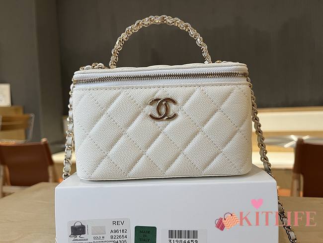 Kitlife Chanel Long Vanity With Chain White Grained Calfskin, Imitation Pearl A96182 9.5x17x8cm  - 1