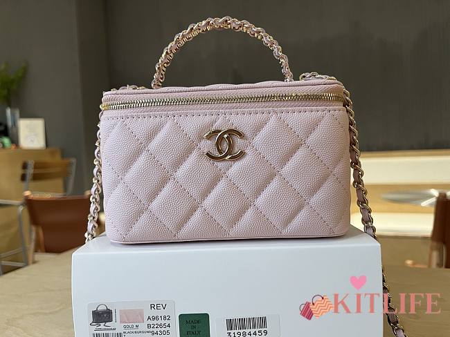 Kitlife Chanel Long Vanity With Chain Pink Grained Calfskin, Imitation Pearl A96182 9.5x17x8cm  - 1