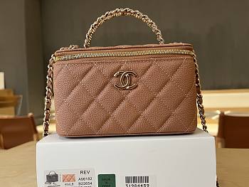 Kitlife Chanel Long Vanity With Chain Rose Brown Grained Calfskin, Imitation Pearl A96182 9.5x17x8cm