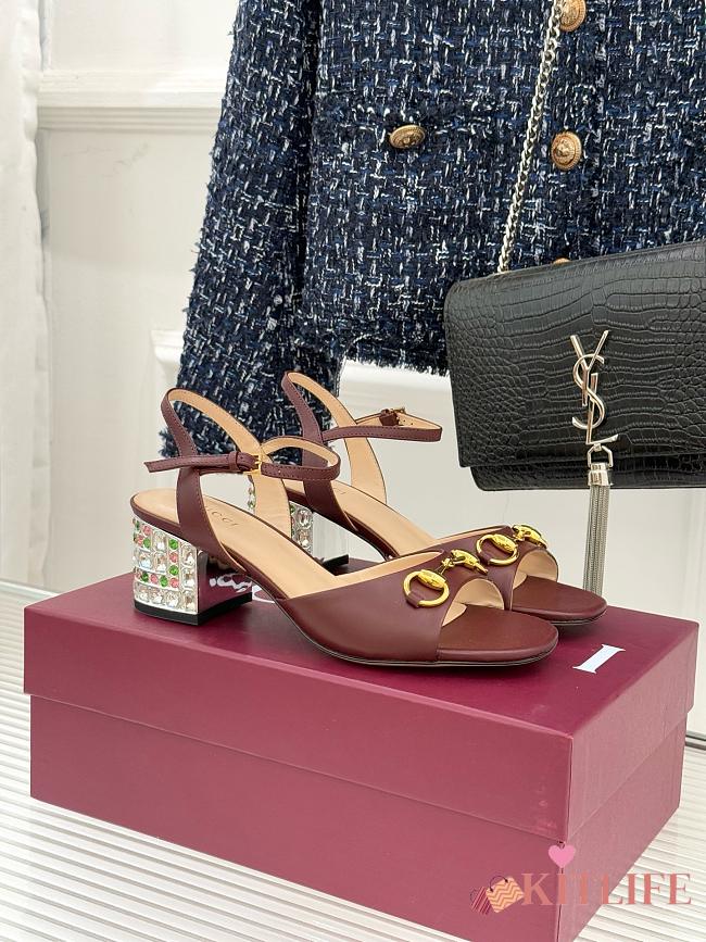 Kitlife Gucci Classic Horsebit Rhinestone Chunky Heel 55mm Sandals Brown - 1