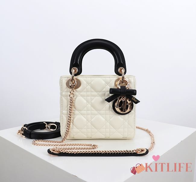 Kitlife Dior Lady Mini Bag With Chain Latte and Black Cannage Lambskin With Bow 44531 17×15×7cm  - 1