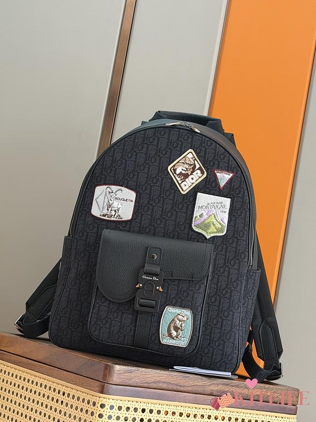 Kitlife Dior Saddle Zip Backpack Black Oblique Jacquard and Multicolor Dior Mountain Patches 33x43.5x19.5cm - 1