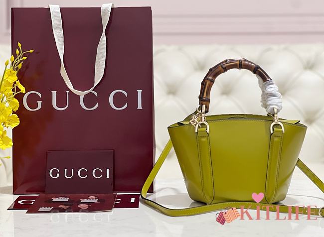 Kitlife Gucci Mini Bamboo Top Handle Tote Bag Green Yellow 805832 27×14×11.5cm  - 1