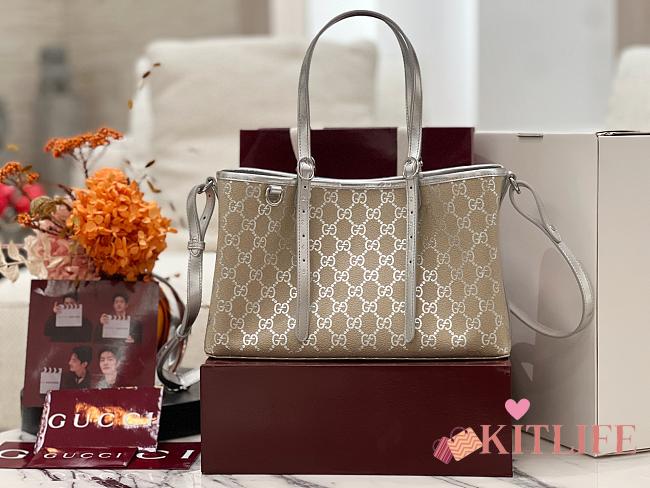 Kitlife Gucci GG Emblem Medium Tote Bag Beige & Silver 815214 30×18×11cm - 1