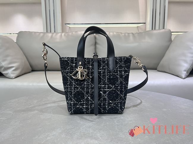 Kitlife Dior Small Toujours Vertical Tote Bag Black Tweed with White Cannage Motif 16×18×12cm - 1