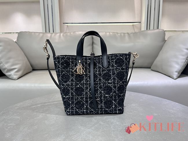 Kitlife Dior Medium Toujours Vertical Tote Bag Black Tweed with White Cannage Motif 23x25x11cm - 1