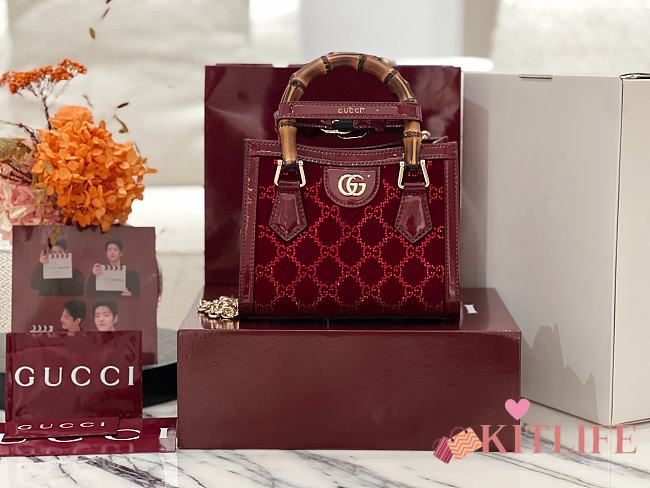 Kitlife Gucci Diana Crystals Small Tote Bag Rosso Ancora Red Velvet 707449 20×16×10cm - 1