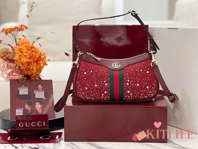 Kitlife Gucci Ophidia Crystals Small Shoulder Bag Rosso Ancora Red 841341 26x15×6.5cm - 1