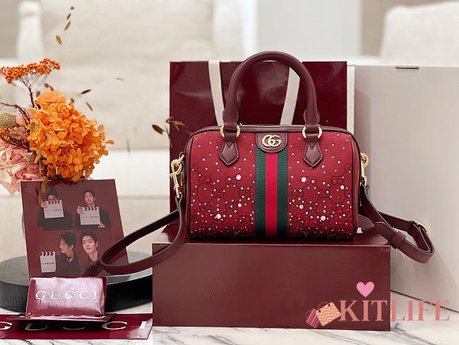 Kitlife Gucci Ophidia Crystals Small Boston Bag Rosso Ancora Red 841294 21x13x11cm - 1