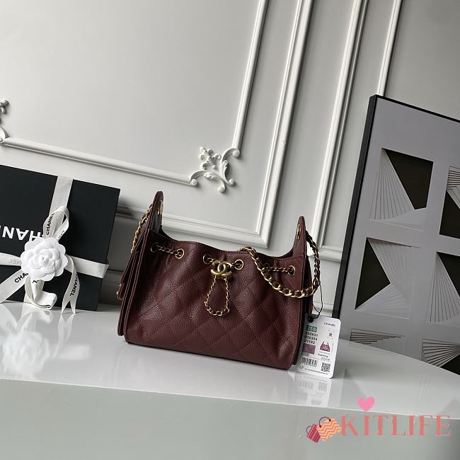 Kitlife Chanel 25C Drawstring Bucket Hobo Bag Burgundy Grained Leather 20x22x12.5cm  - 1