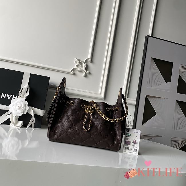 Kitlife Chanel 25C Drawstring Bucket Hobo Bag Dark Brown Grained Leather 20x22x12.5cm  - 1