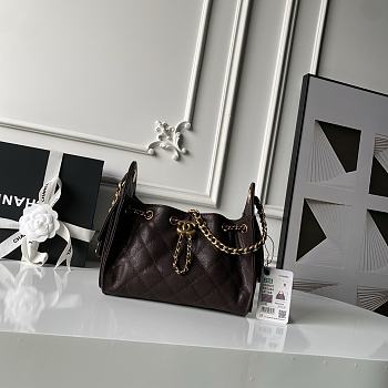 Kitlife Chanel 25C Drawstring Bucket Hobo Bag Dark Brown Grained Leather 20x22x12.5cm 