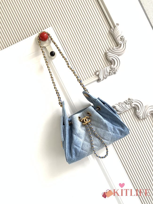 Kitlife Chanel 25C Drawstring Bucket Hobo Bag Blue Denim 20x22x12.5cm  - 1