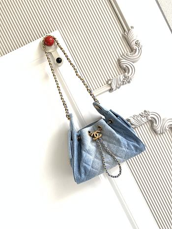 Kitlife Chanel 25C Drawstring Bucket Hobo Bag Blue Denim 20x22x12.5cm 