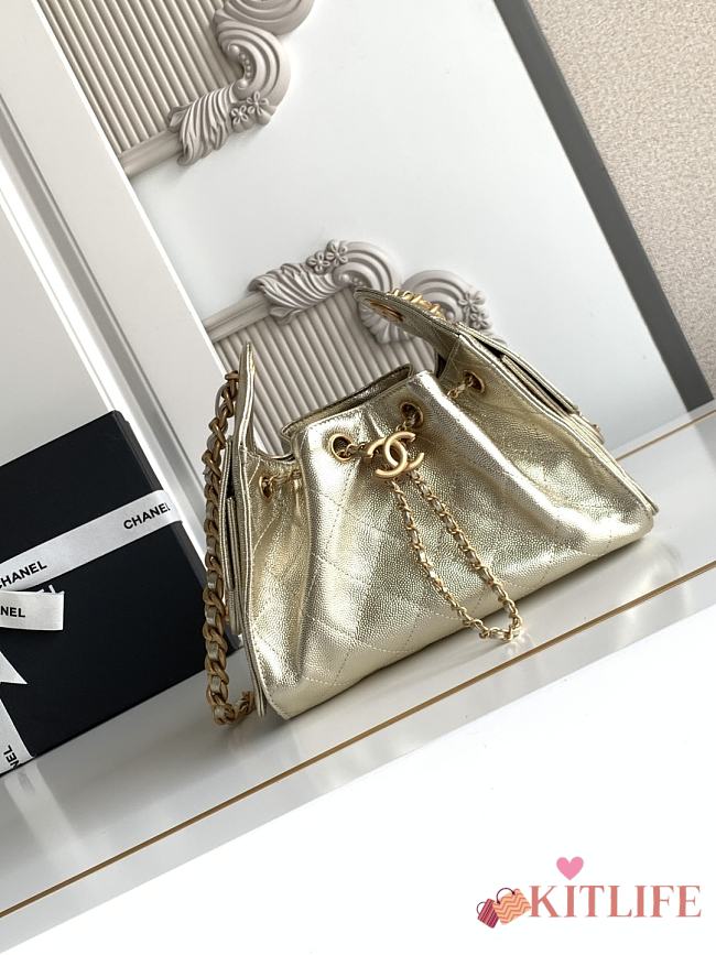 Kitlife Chanel 25C Drawstring Bucket Hobo Bag Light Gold Leather 20x22x12.5cm  - 1