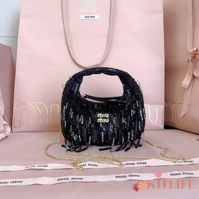 Kitlife Miu Miu Wander Mini Bag With Black Crystal and Sequin Fringe 17.5x14x5.5cm - 1