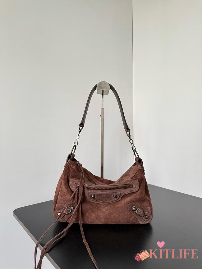 Kitlife Balenciaga Le City Moto Medium Bag in Dark Brown Suede 27.9x19x13.9cm  - 1