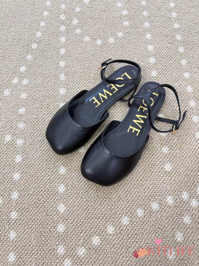 Kitlife Loewe Toy Ankle-strap Black Leather Ballerinas Shoes - 1