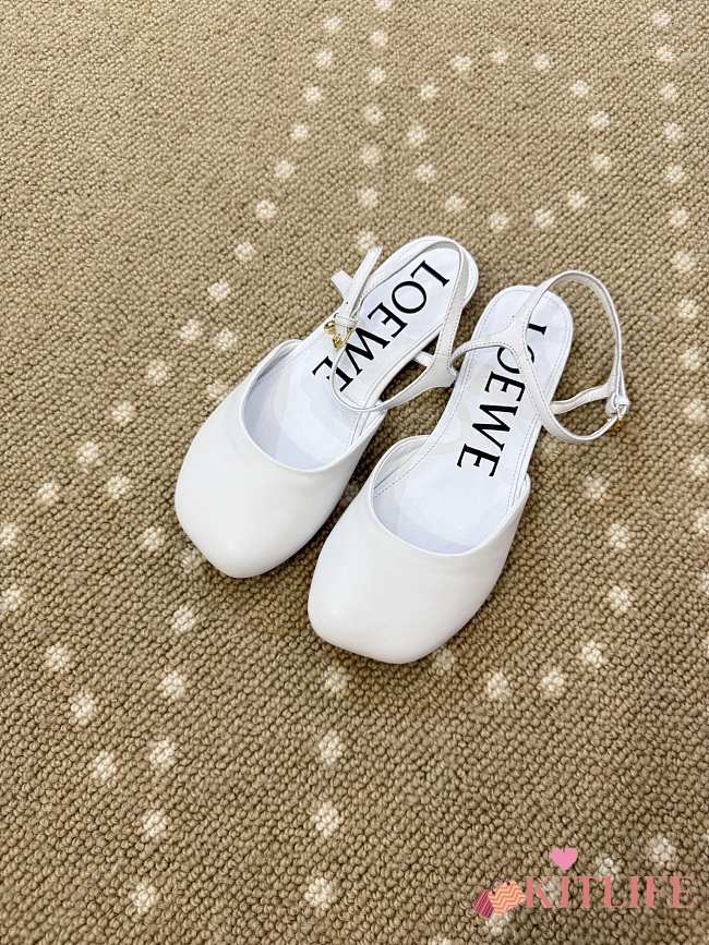 Kitlife Loewe Toy Ankle-strap White Leather Ballerinas Shoes  - 1