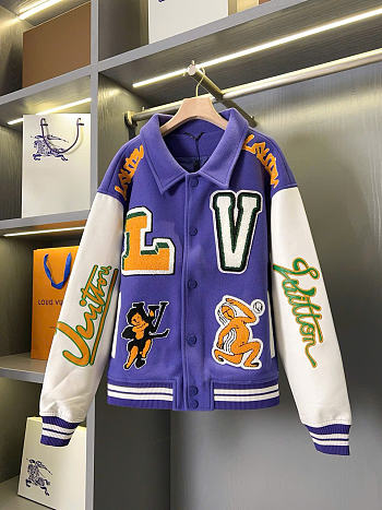 Kitlife Louis Vuitton Multi-Patches Mixed Leather Varsity Jacket Purple & White