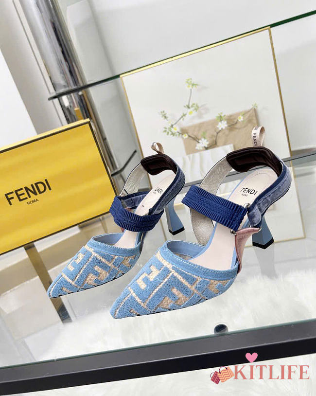 Kitlife Fendi Colibri Lite Blue Velvet Beige FF Logo Pointed Slingbacks - 1