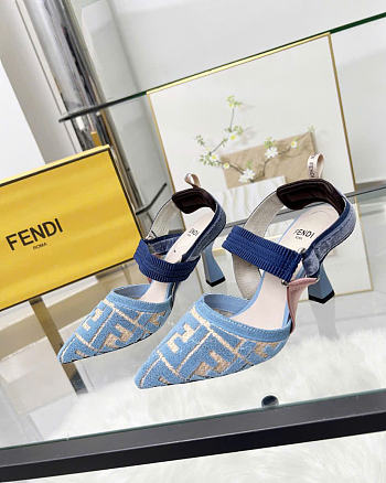 Kitlife Fendi Colibri Lite Blue Velvet Beige FF Logo Pointed Slingbacks