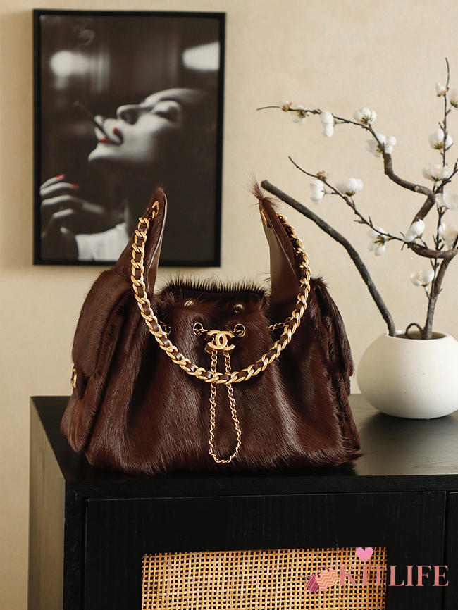 Kitlife Chanel 25C Drawstring Bucket Hobo Bag Chocolate Pony Hair 30x26x14cm - 1