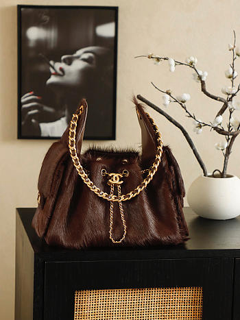 Kitlife Chanel 25C Drawstring Bucket Hobo Bag Chocolate Pony Hair 30x26x14cm