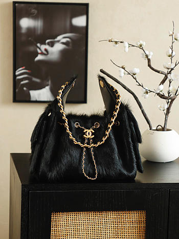 Kitlife Chanel 25C Drawstring Bucket Hobo Bag Black Pony Hair 30x26x14cm 