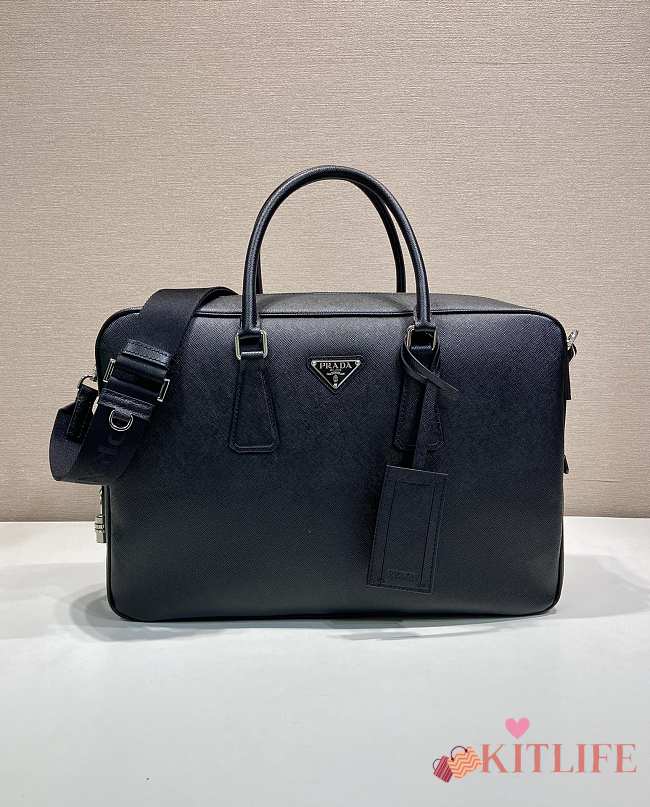 Kitlife Prada Saffiano Black Leather Briefcase 40x27x10.5cm - 1
