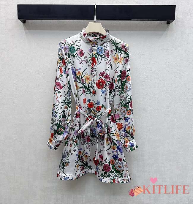 Kitlife Gucci Printed Silk Twill Dress in Multicolor White  - 1